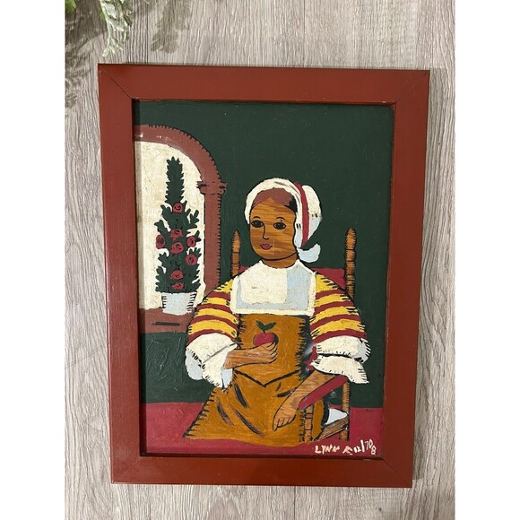 Vintage Primitive Folk Art Painting On Board Girl With Apple Portrait PA Dutch - Picture 6 of 9